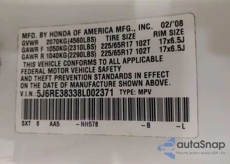 2008 Honda Cr-V Lx из США, поврежденный, VIN 5J6RE38338L002371